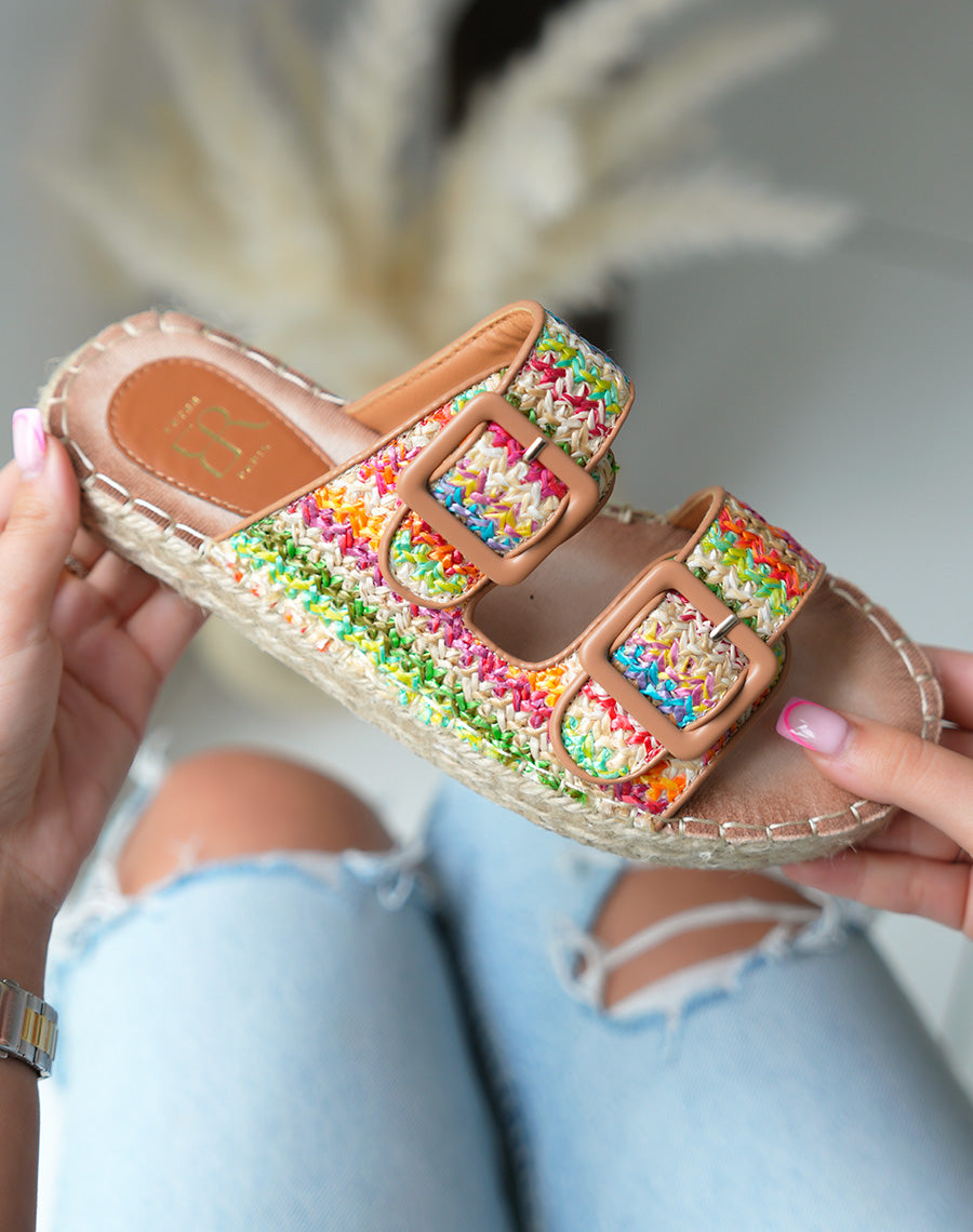 Mules à double bride femme multicolore effet tissé avec semelle épaisse en corde élégante