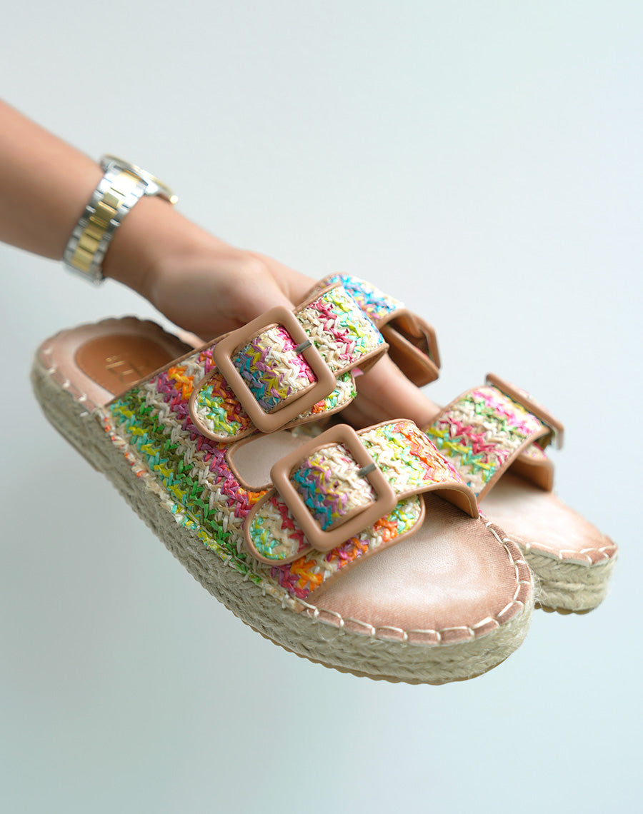 Mules à double bride femme multicolore effet tissé avec semelle épaisse en corde élégante