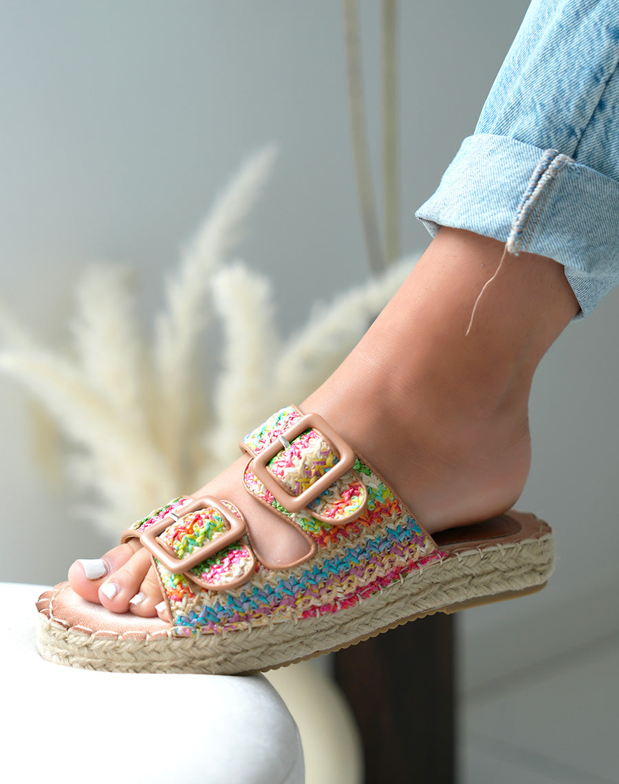 Mules à double bride femme multicolore effet tissé avec semelle épaisse en corde élégante