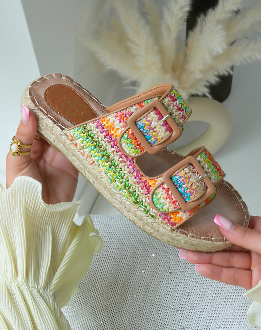 Mules à double bride femme multicolore effet tissé avec semelle épaisse en corde élégante