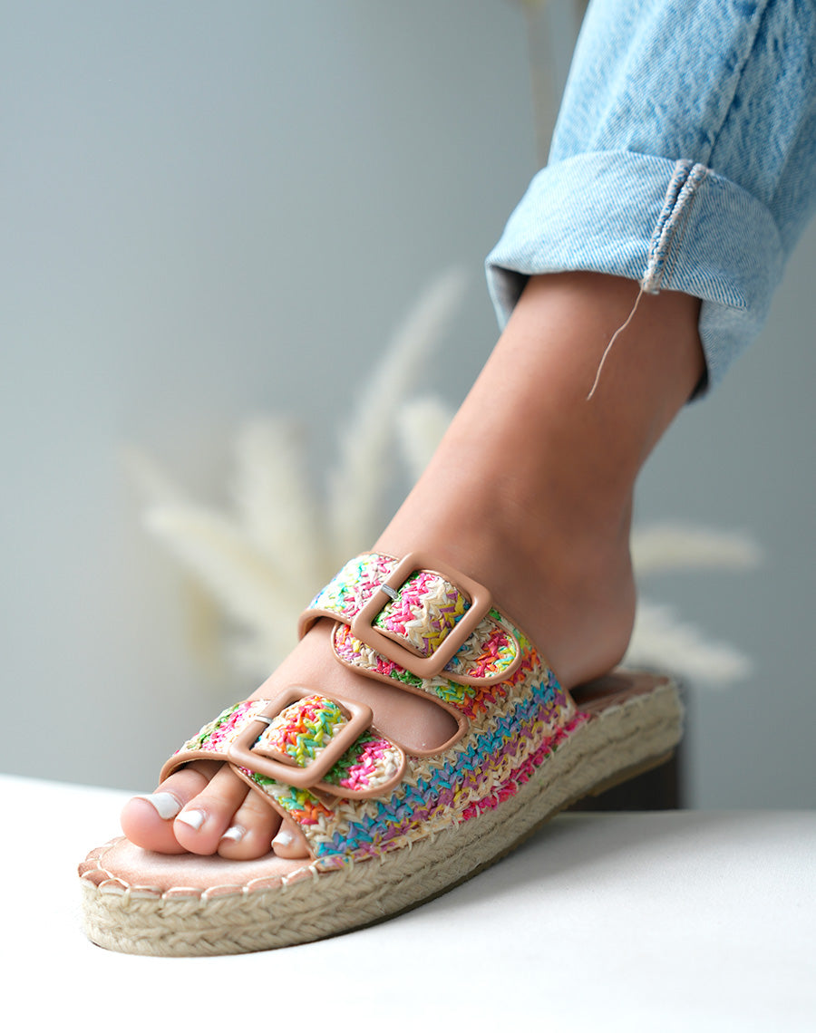 Mules à double bride femme multicolore effet tissé avec semelle épaisse en corde élégante