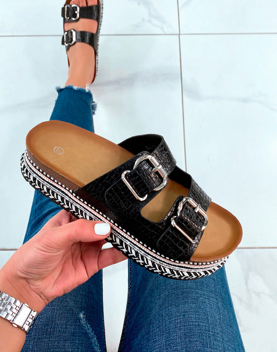 Mules à double lanières noires et grosse plateforme