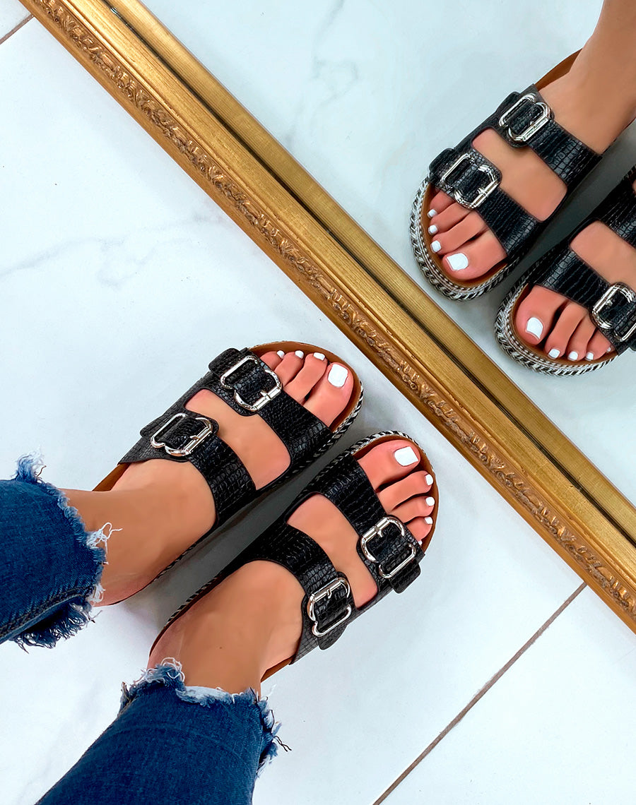 Mules à double lanières noires et grosse plateforme