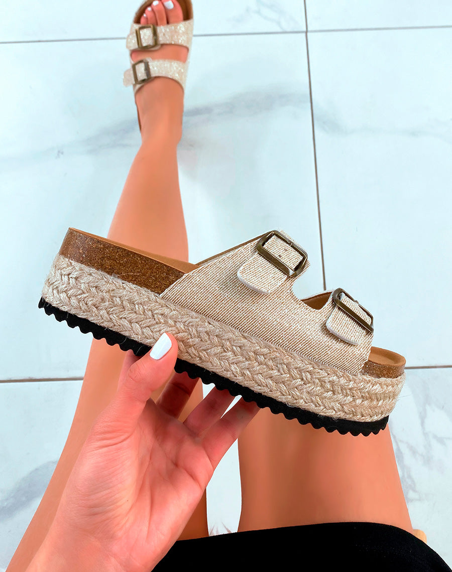 Mules à doubles lanières dorées et pailletées à grosse plateforme