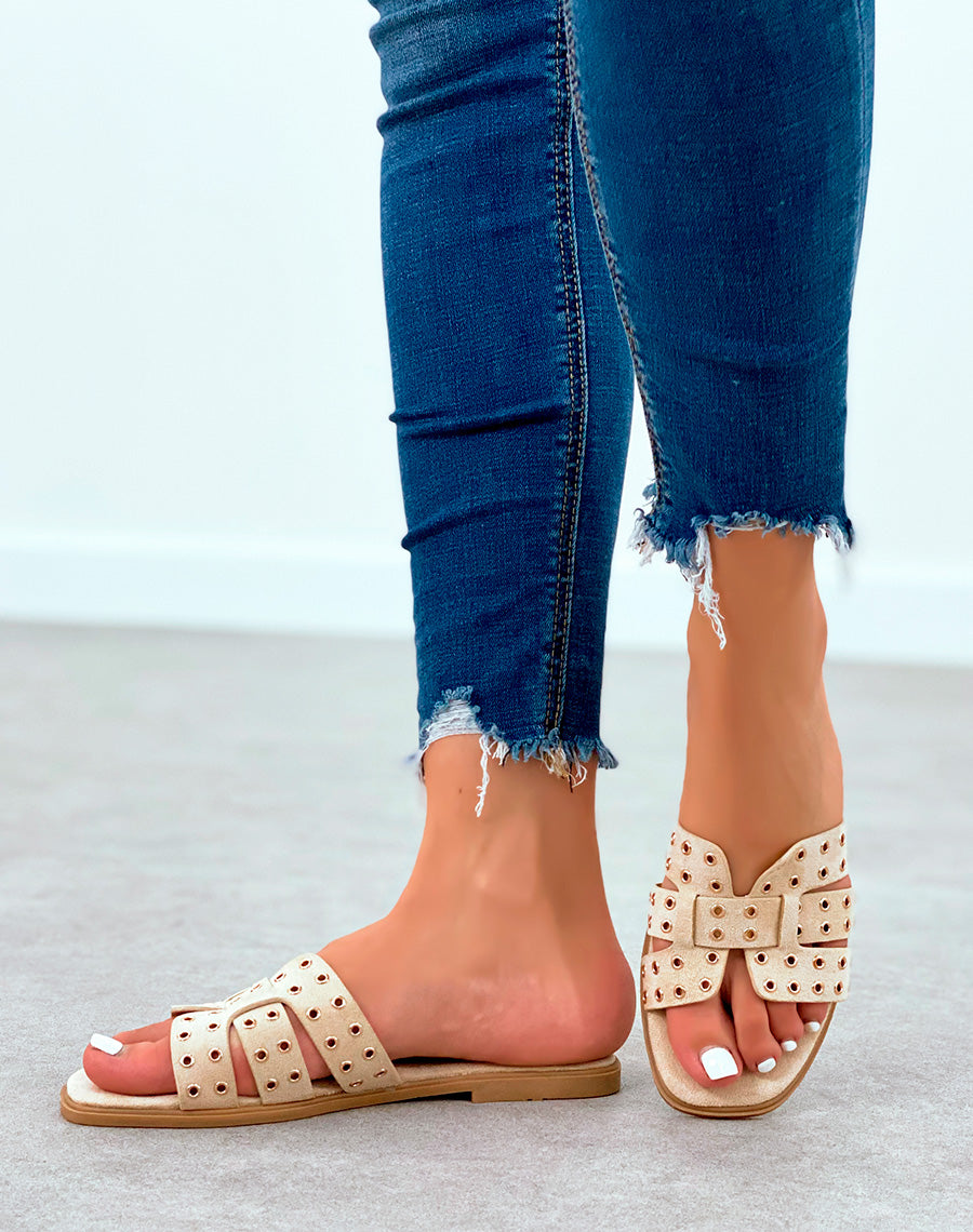 Mules en suédine beige à détails dorées pour femme