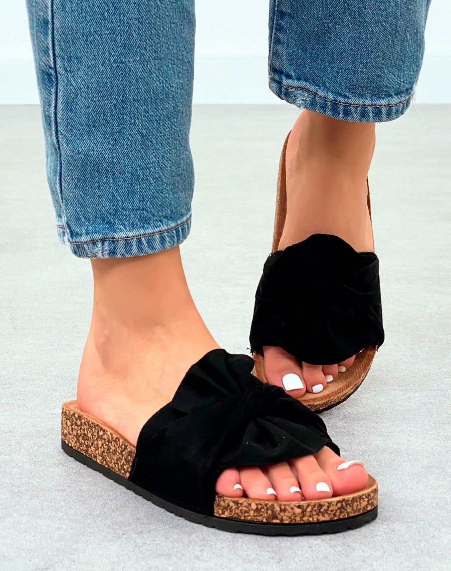 Mules en Suédine Noire avec Noeud Décoratif et Semelle Épaisse Marron pour Femme