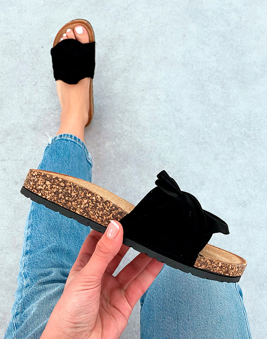 Mules en Suédine Noire avec Noeud Décoratif et Semelle Épaisse Marron pour Femme