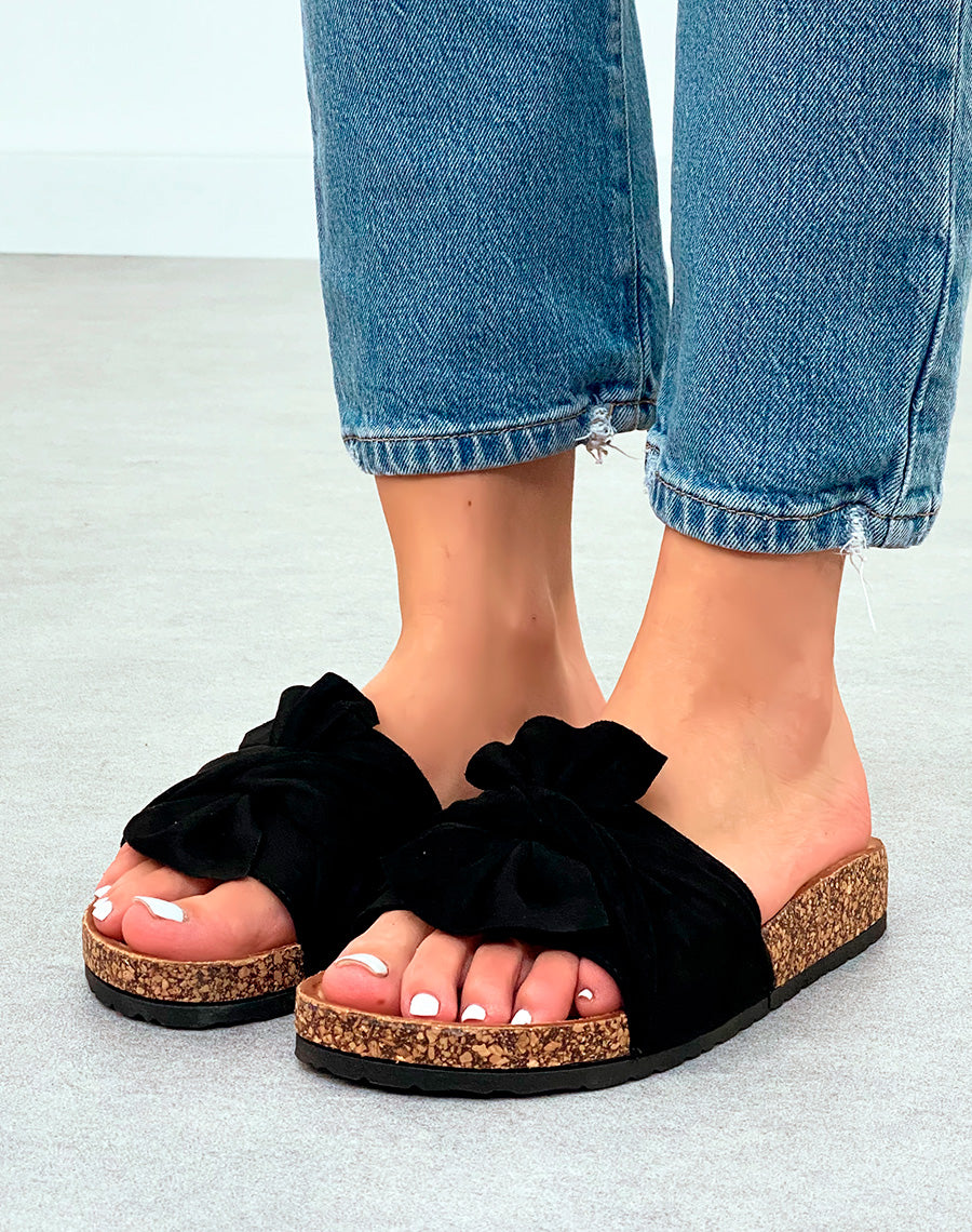 Mules en Suédine Noire avec Noeud Décoratif et Semelle Épaisse Marron pour Femme