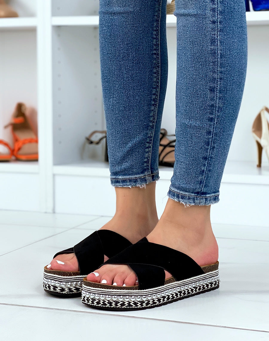 Mules en suédine noire à brides entrecroisées à plateforme