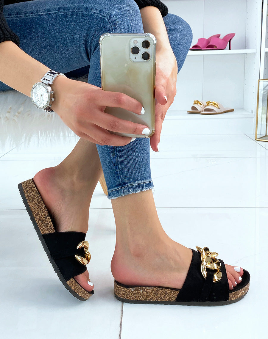 Mules en suédine noire à grosse chaîne dorée