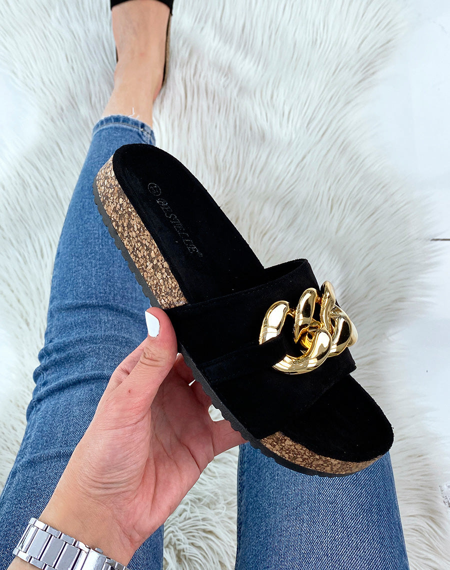 Mules en suédine noire à grosse chaîne dorée