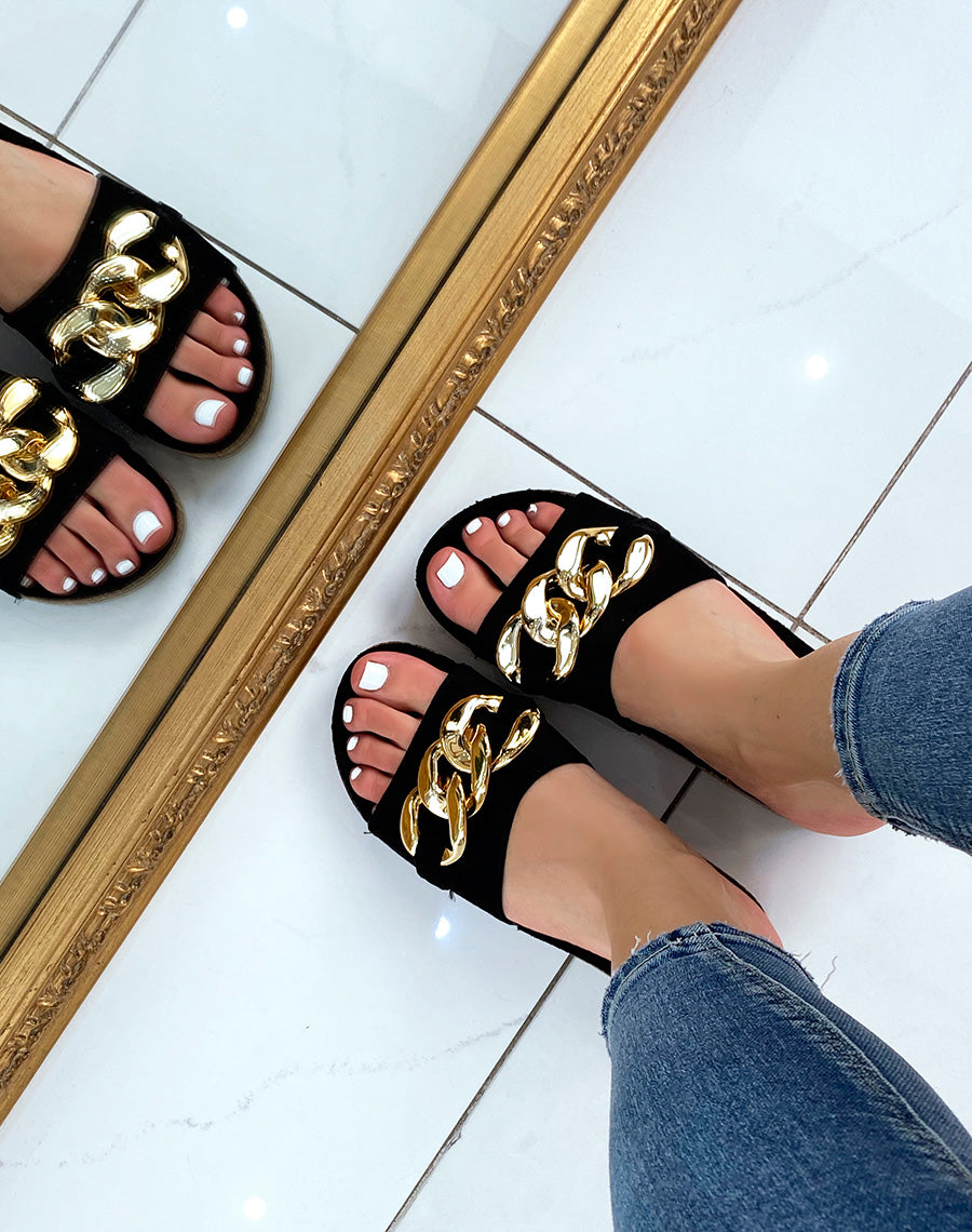 Mules en suédine noire à grosse chaîne dorée