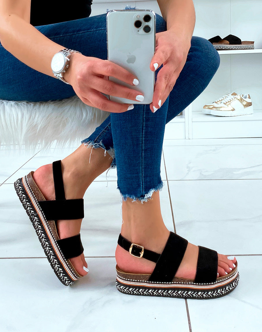 Mules en suédine noire à lanières entrecroisées et détails aztèque