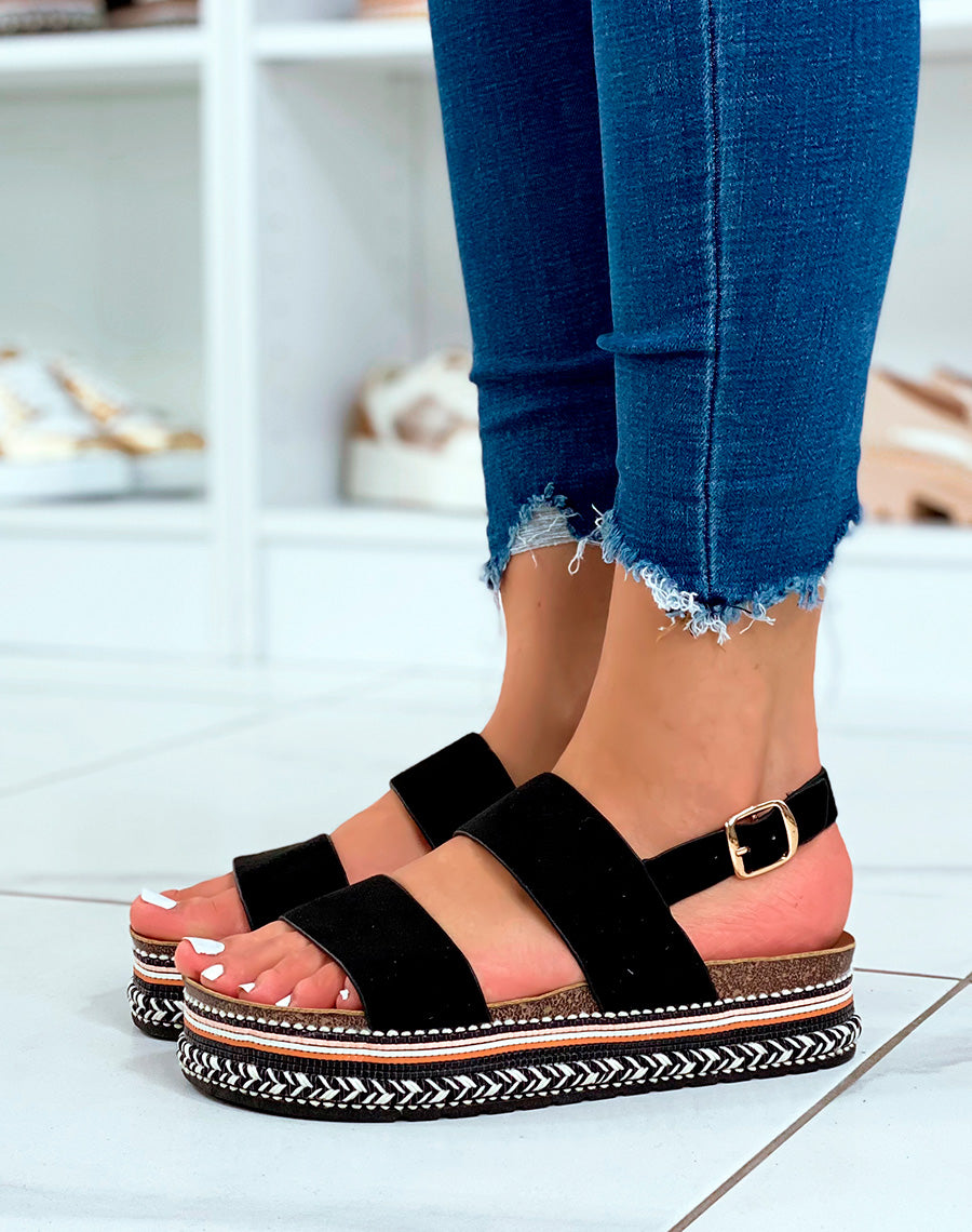 Mules en suédine noire à lanières entrecroisées et détails aztèque