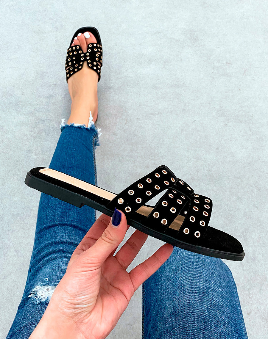 Mules en suédine noires à détails dorées pour femme