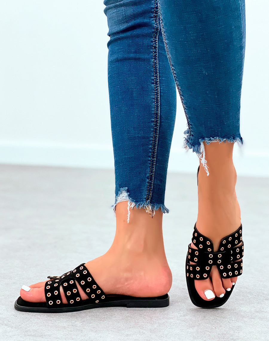 Mules en suédine noires à détails dorées pour femme