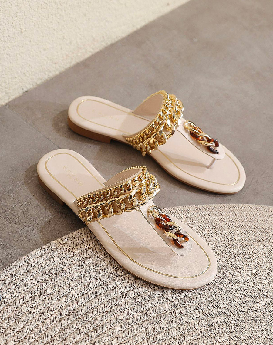 Mules à entredoigt beige avec chaines dorées