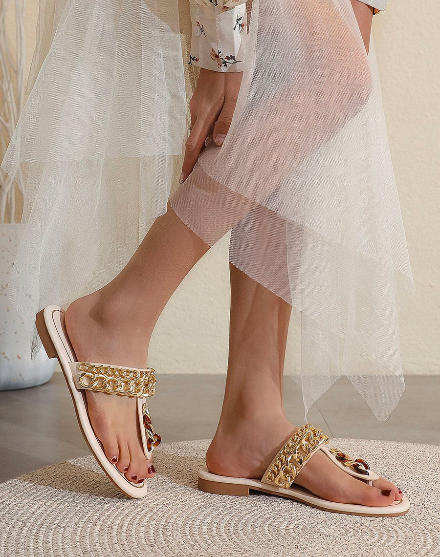 Mules à entredoigt beige avec chaines dorées