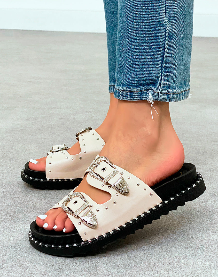 Mules Femme Beige à Double Sangle et Semelle Épaisse Cloutée