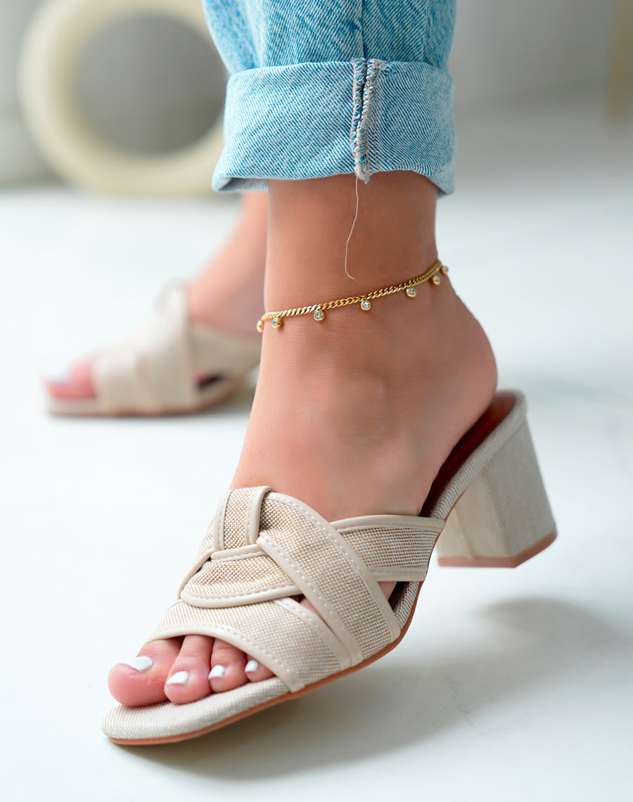 Mules femme beige en tissu à brides entrecroisées et talon épais