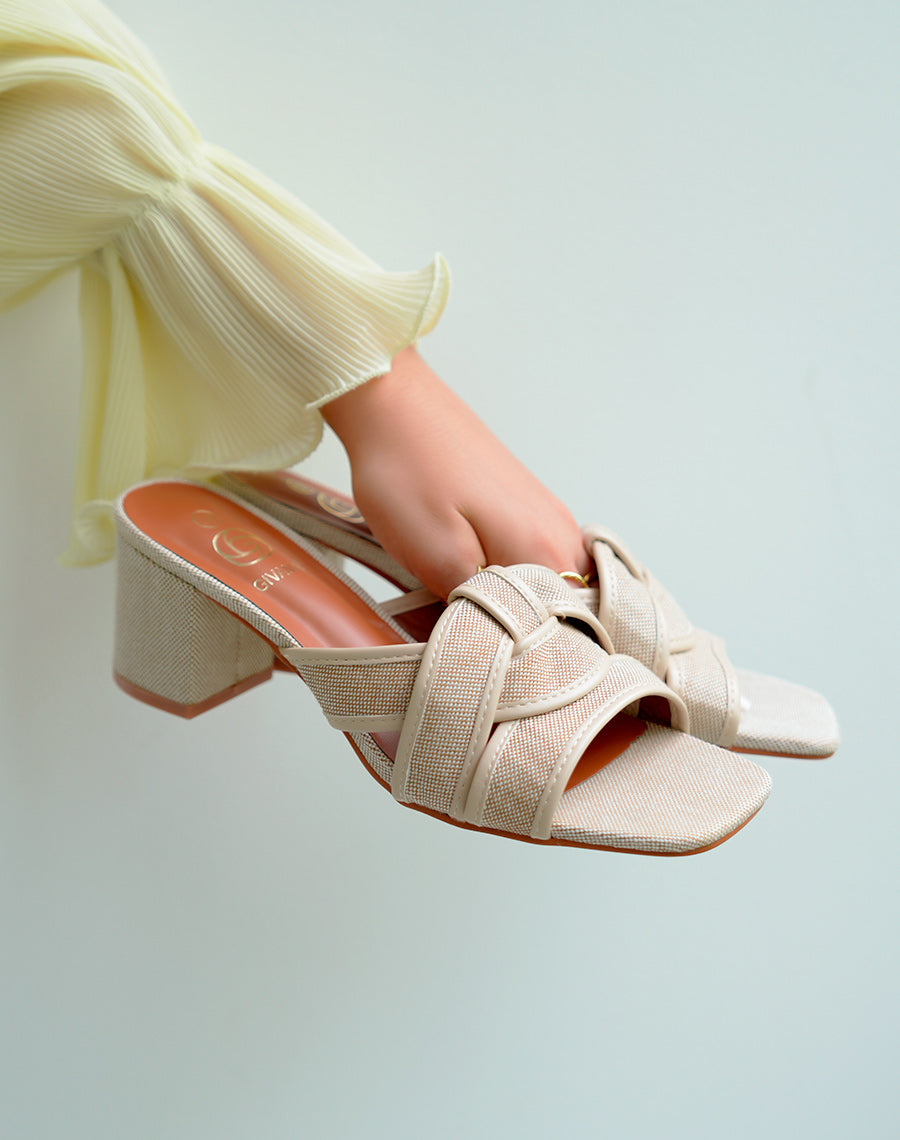 Mules femme beige en tissu à brides entrecroisées et talon épais