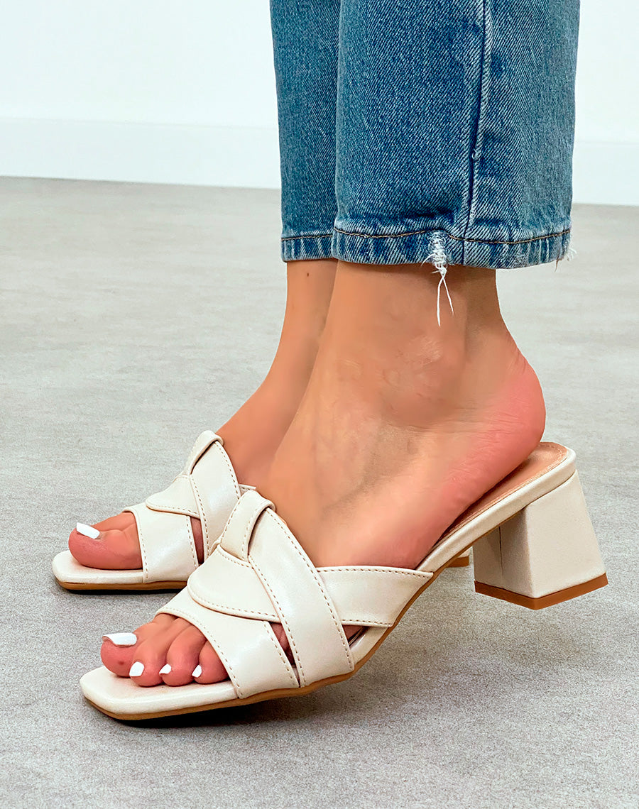 Mules Femme Beige à Talon Carré et Brides Entrecroisées – Élégance Épurée