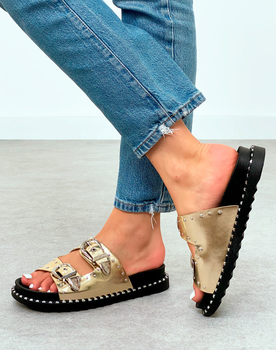 Mules Femme Dorées Cloutées à Double Sangles et Semelle Épaisse Élégante
