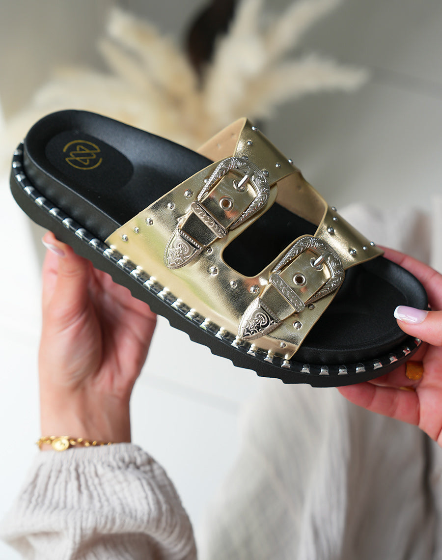 Mules Femme Dorées Cloutées à Double Sangles et Semelle Épaisse Élégante