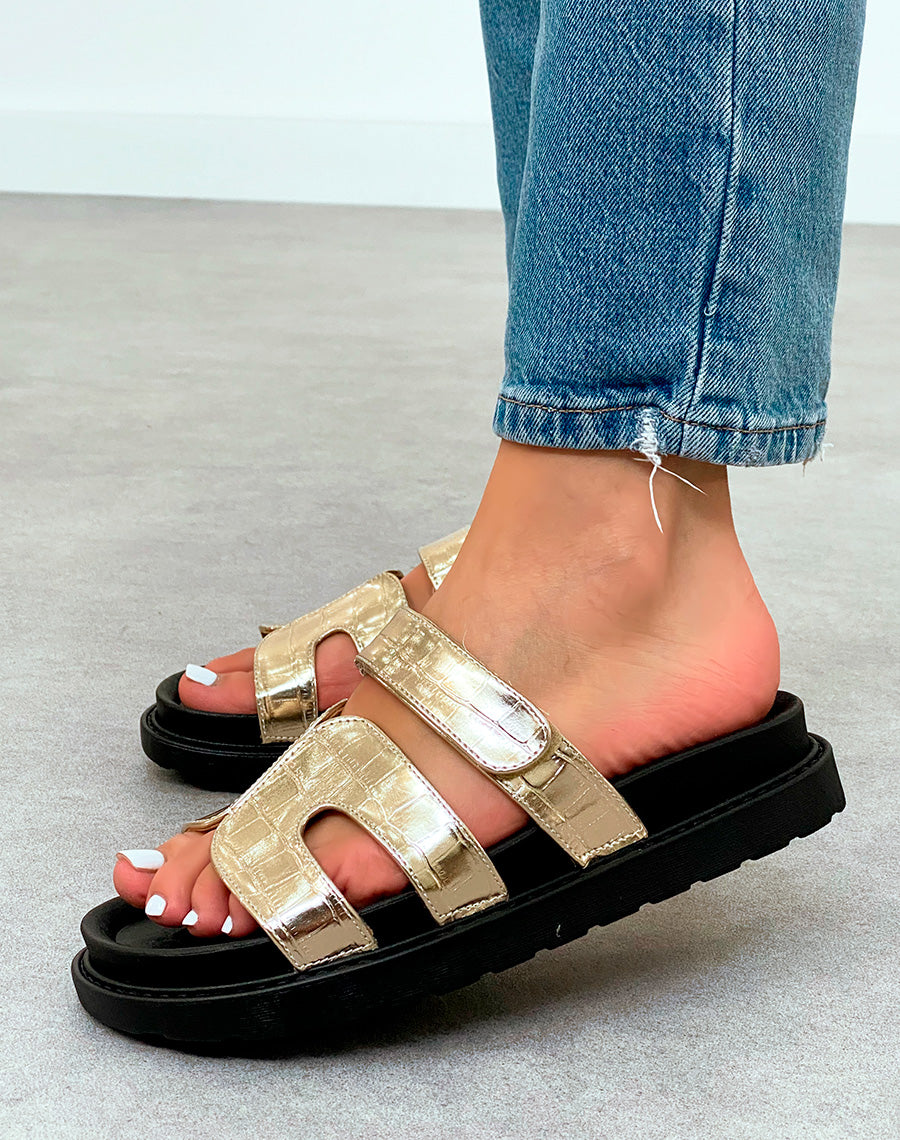 Mules Femme Dorées Effet Croco à Plateforme Tendance avec Lanière Scratch