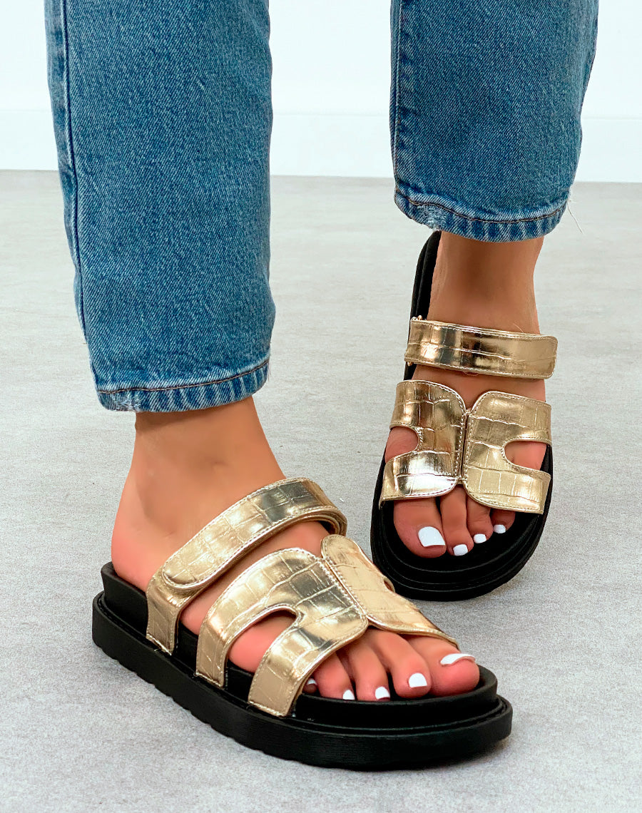 Mules Femme Dorées Effet Croco à Plateforme Tendance avec Lanière Scratch