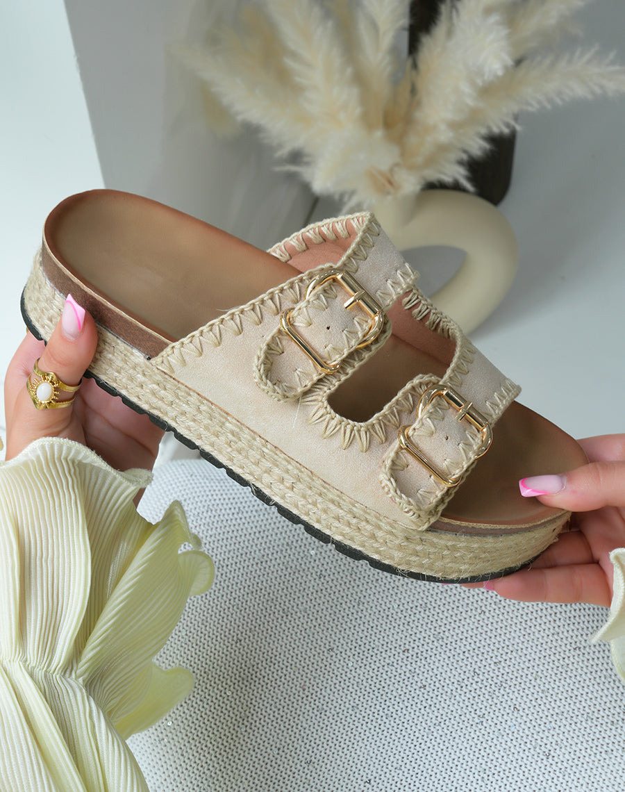 Mules femme en suédine beige à double bride et plateforme en jute