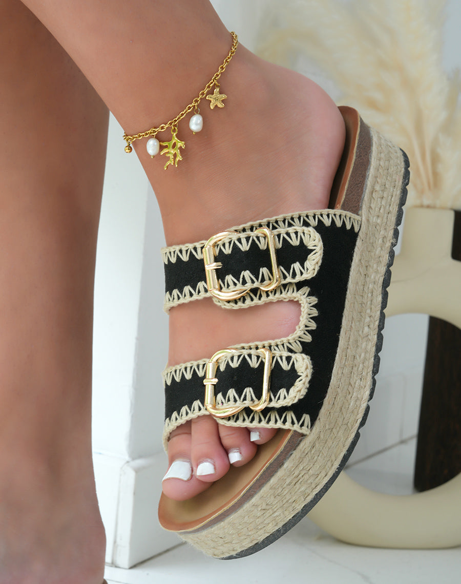 Mules femme en suédine noire à double bride et plateforme en jute