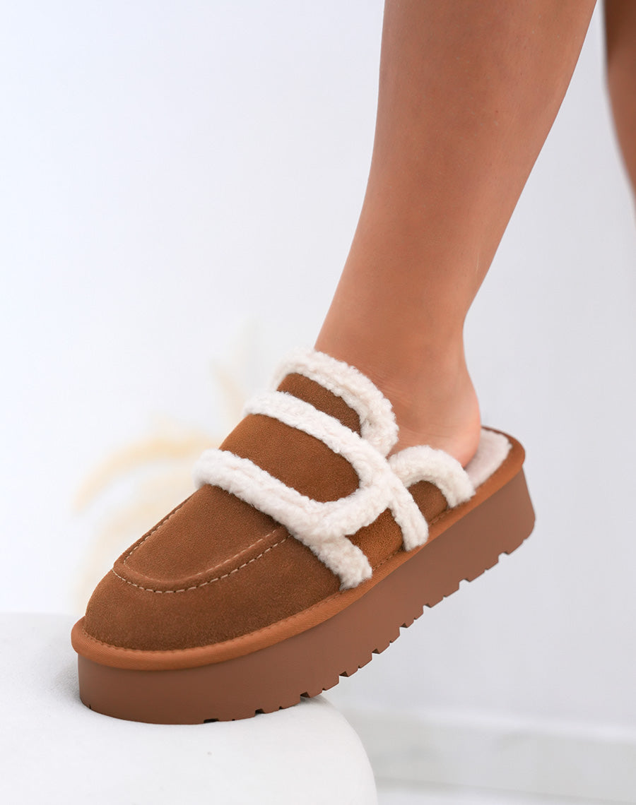 Mules femme marron en suédine cuir fourrée à plateforme et semelle crantée