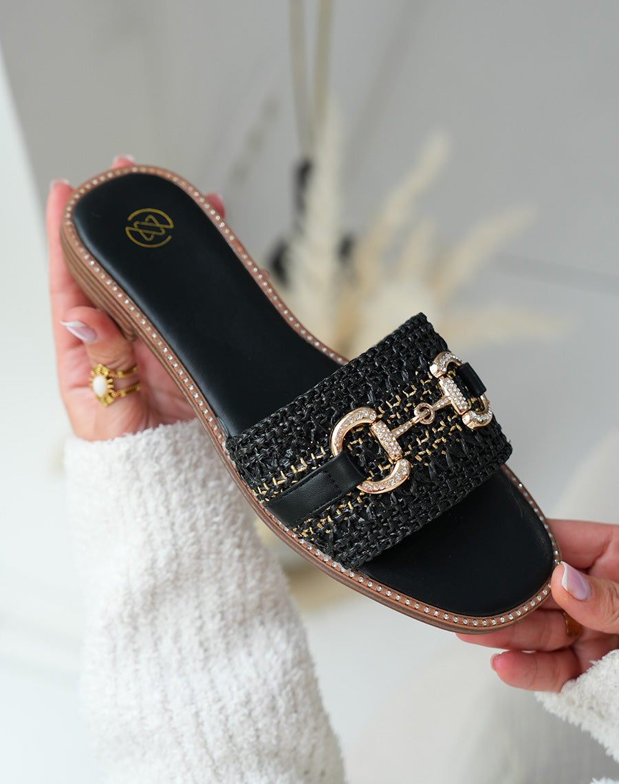 Mules femme noires chic avec détails strass et bijoux dorés