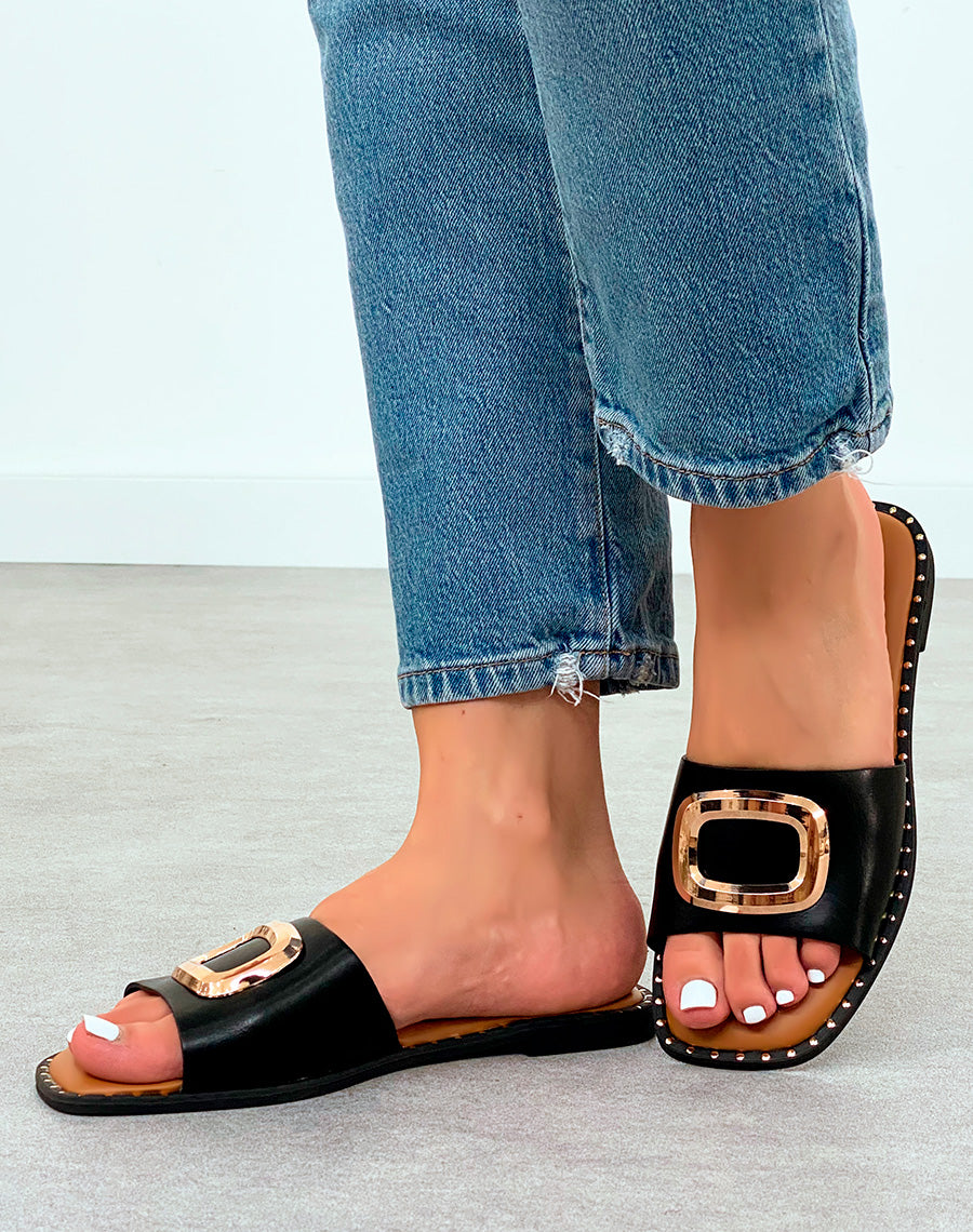 Mules femme noires éclat d'or avec semelle cloutée