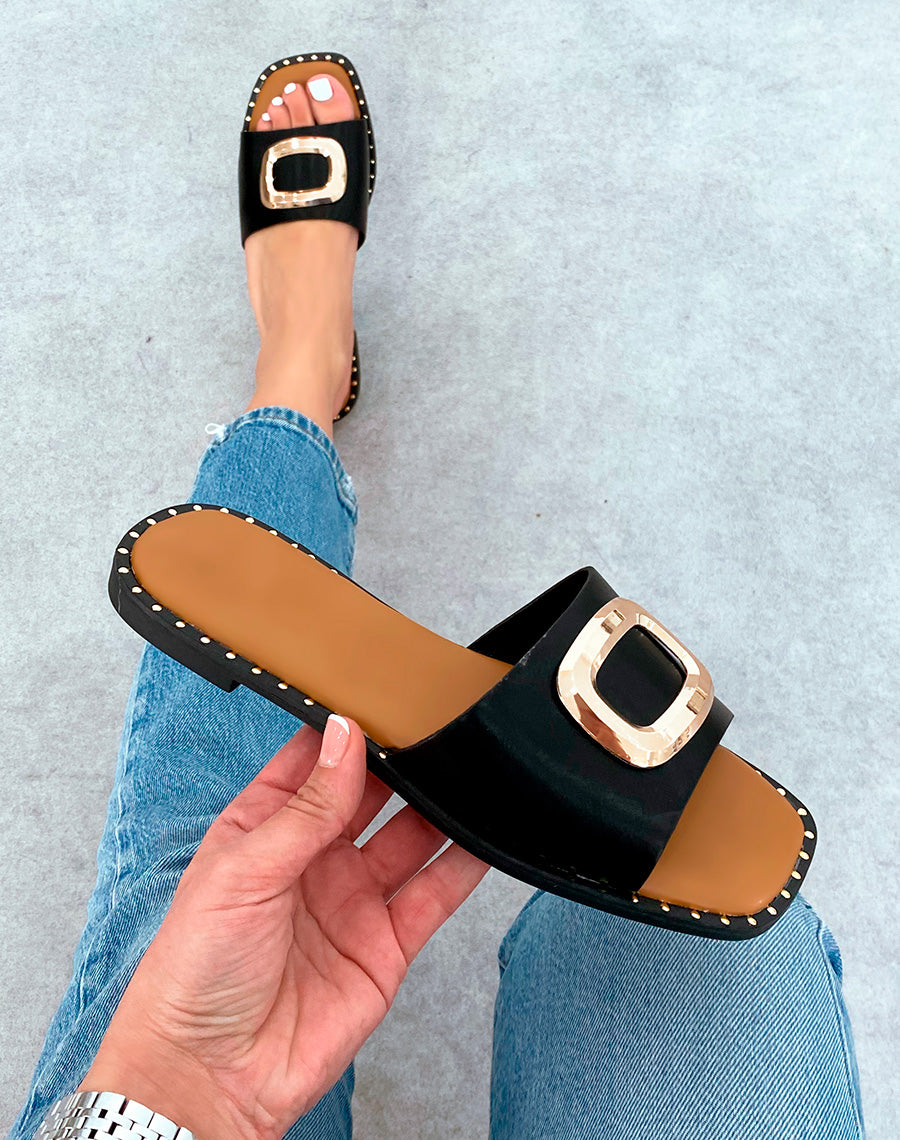 Mules femme noires éclat d'or avec semelle cloutée