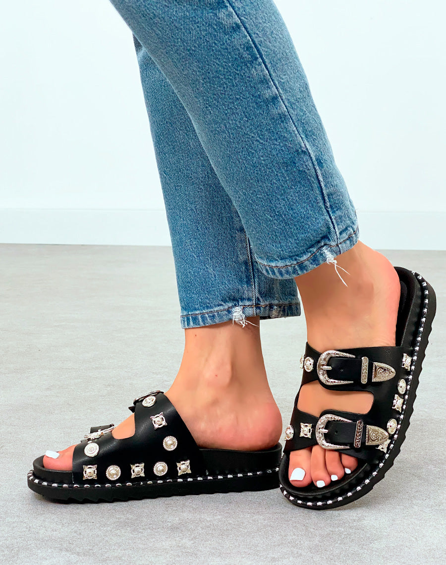 Mules Femme Noires Cloutées à Sangles Bijoux Argentées et Plateforme Crantée