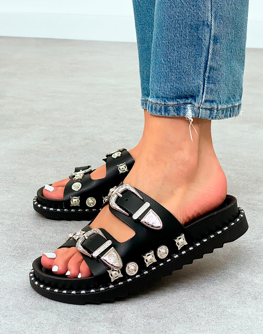 Mules Femme Noires Cloutées à Sangles Bijoux Argentées et Plateforme Crantée