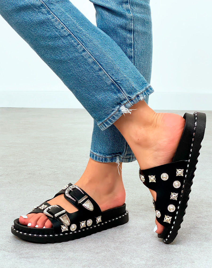 Mules Femme Noires Cloutées à Sangles Bijoux Argentées et Plateforme Crantée