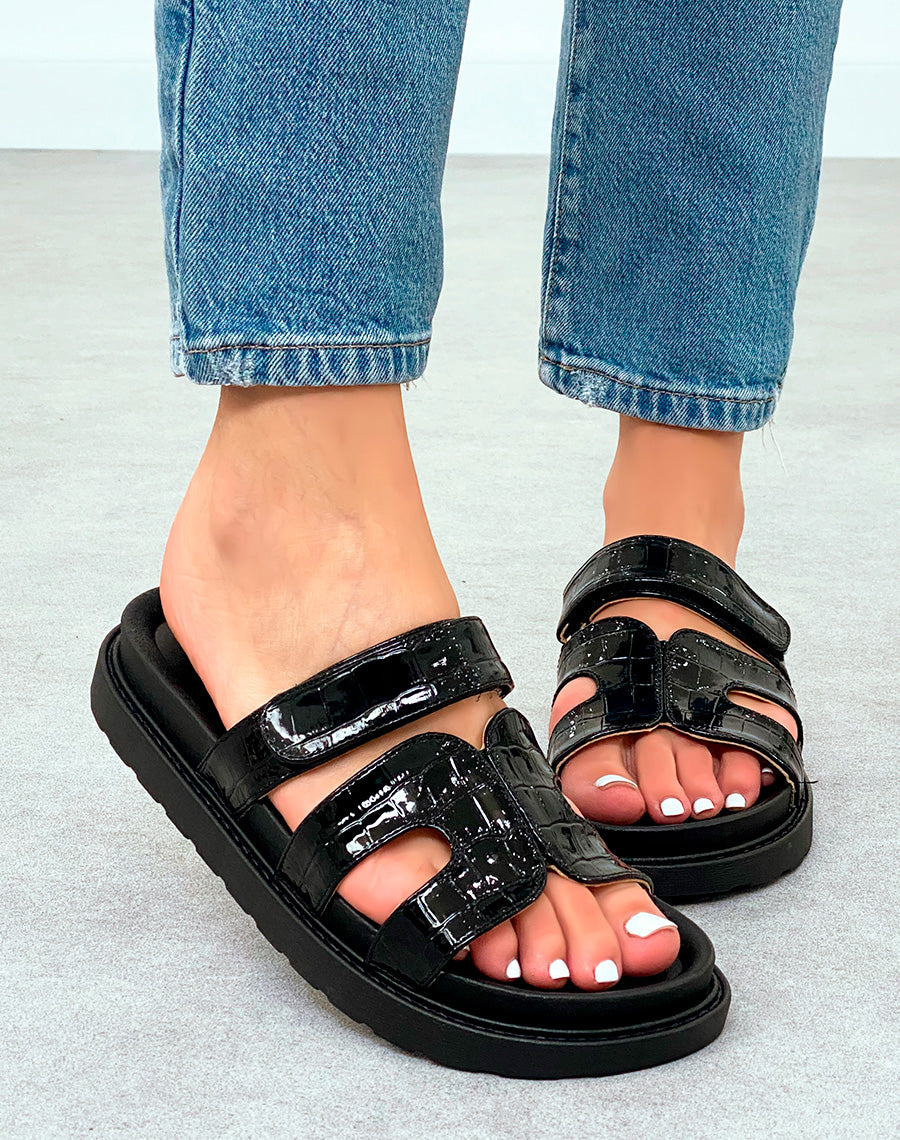 Mules Femme Noires Effet Croco Plateforme Chic avec Lanière Scratch