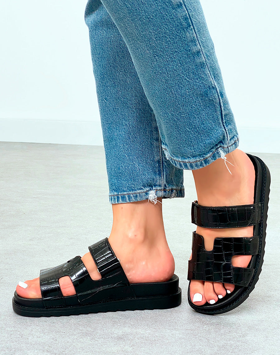 Mules Femme Noires Effet Croco à Plateforme Urbaine