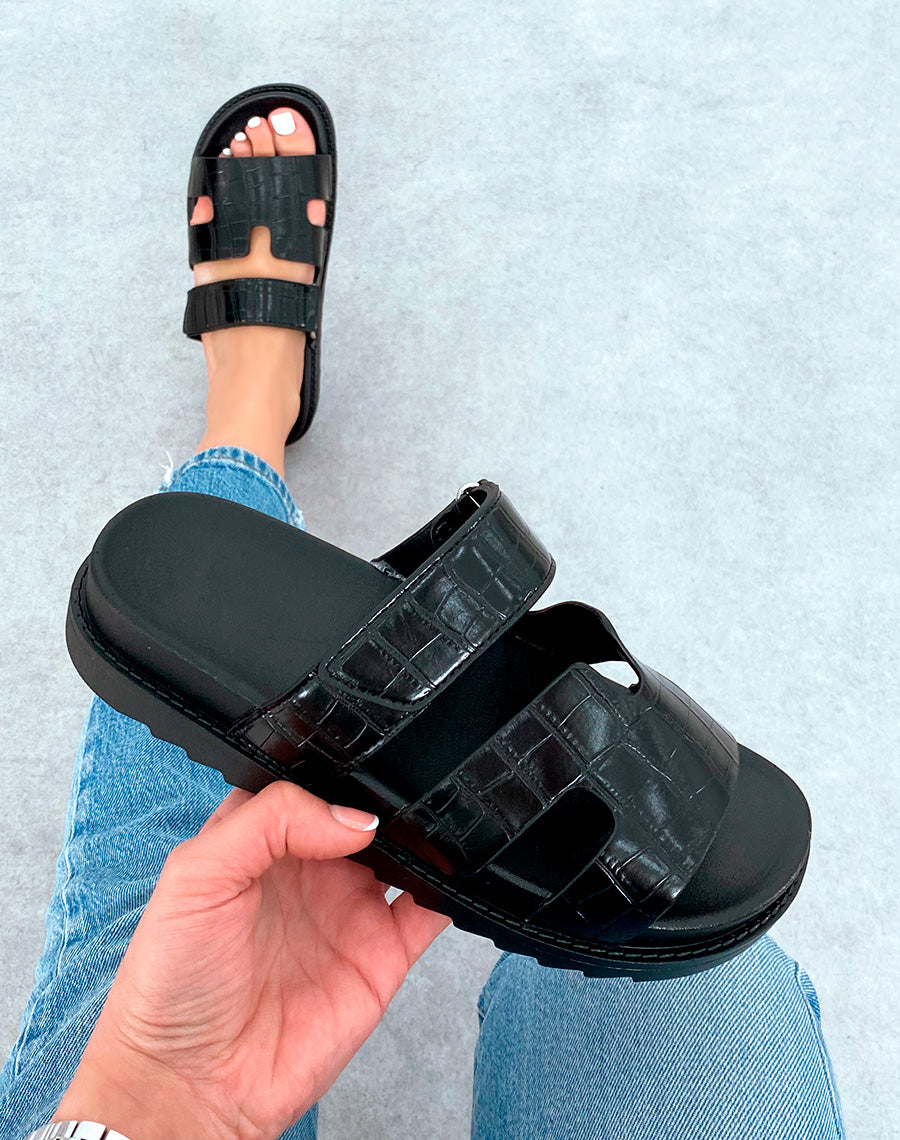 Mules Femme Noires Effet Croco à Plateforme Urbaine