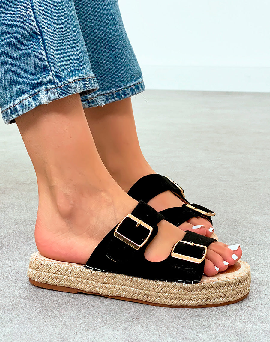 Mules Femme Noires en Suédine avec Semelle en Corde – L'Essentiel Chic et Confortable