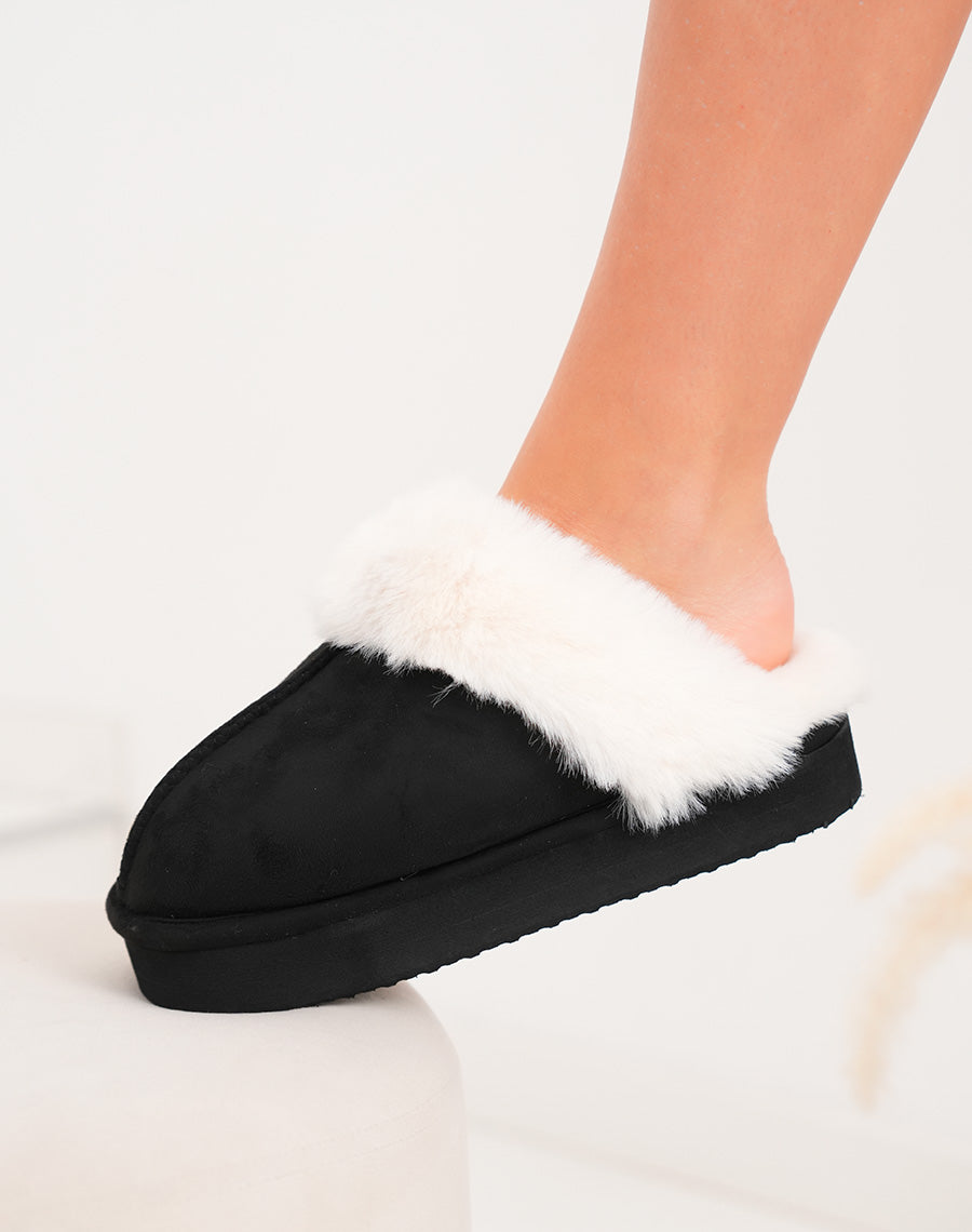 Mules femme noires en suédine fourrées blanches avec plateforme