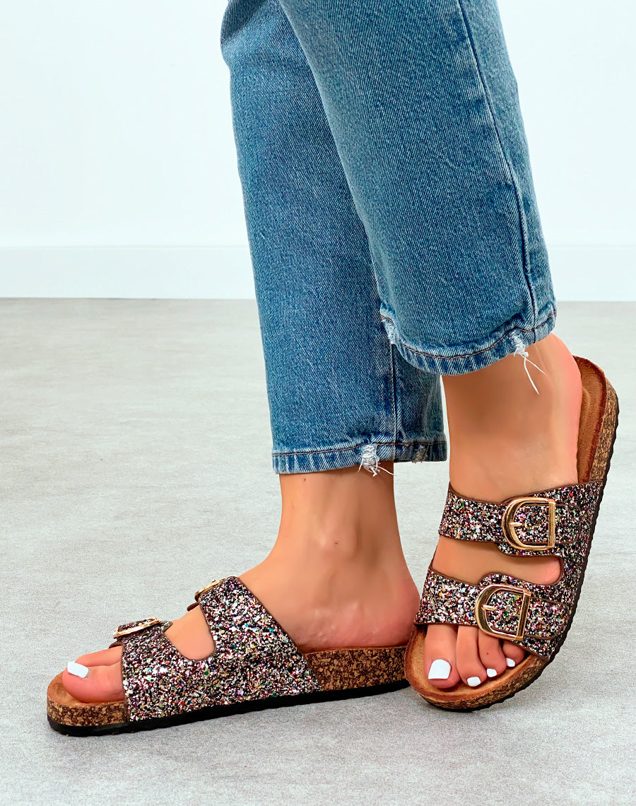 Mules Femme Noires Paillettes Multicolores et Semelle Liège Confort