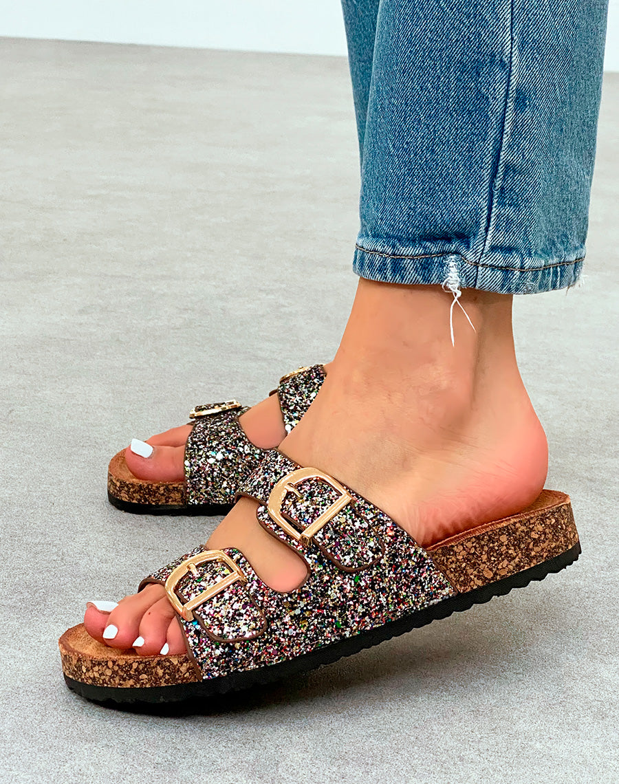 Mules Femme Noires Paillettes Multicolores et Semelle Liège Confort
