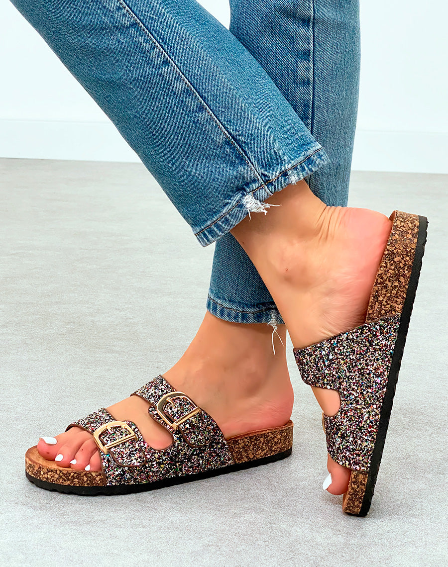 Mules Femme Noires Paillettes Multicolores et Semelle Liège Confort