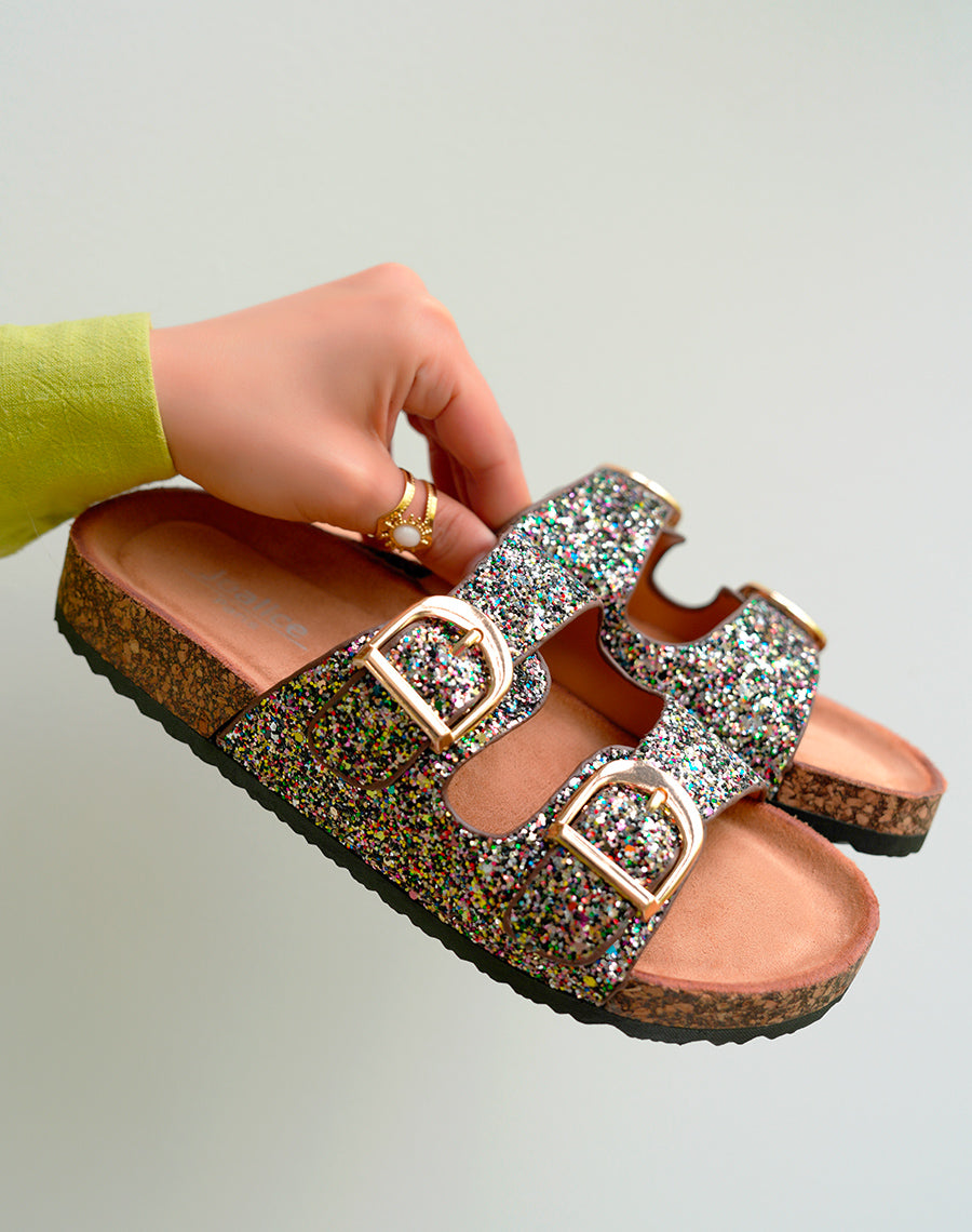 Mules Femme Noires Paillettes Multicolores et Semelle Liège Confort