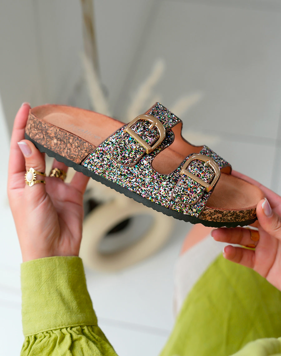 Mules Femme Noires Paillettes Multicolores et Semelle Liège Confort