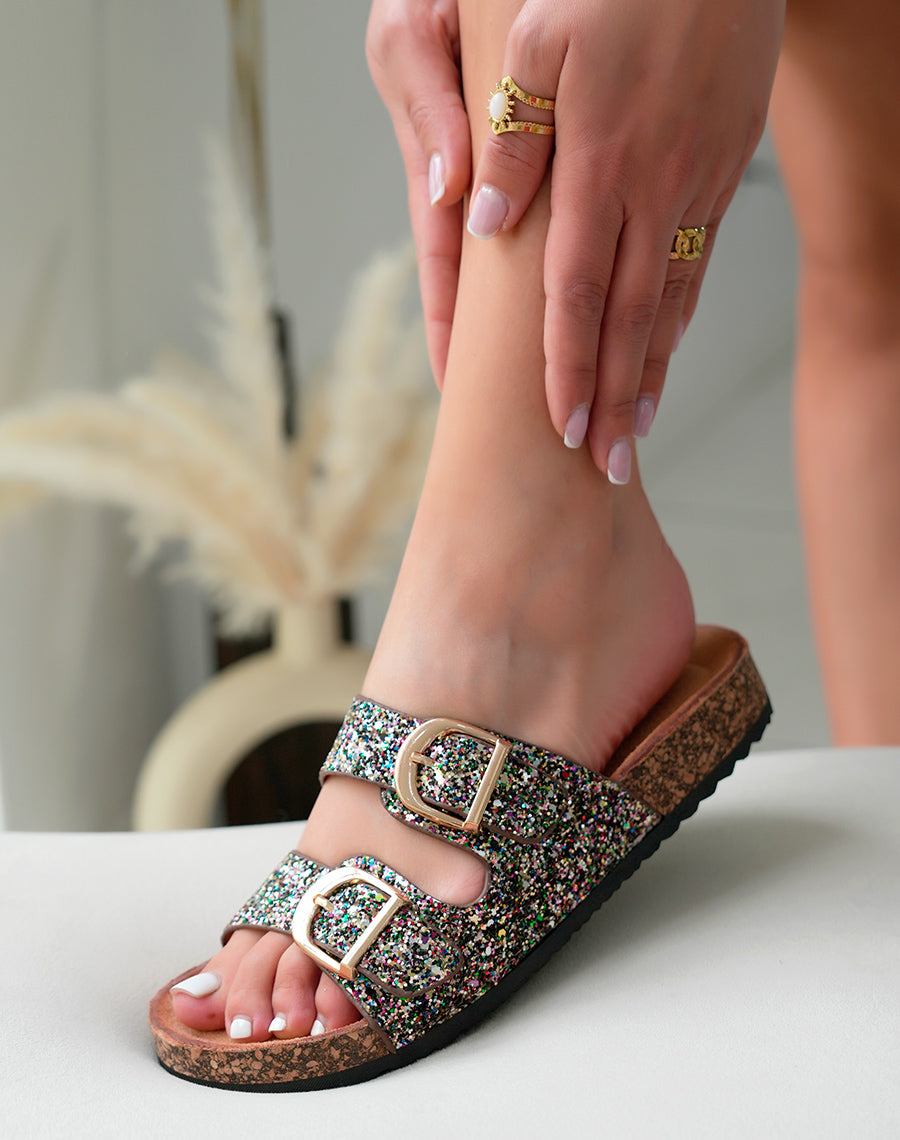 Mules Femme Noires Paillettes Multicolores et Semelle Liège Confort